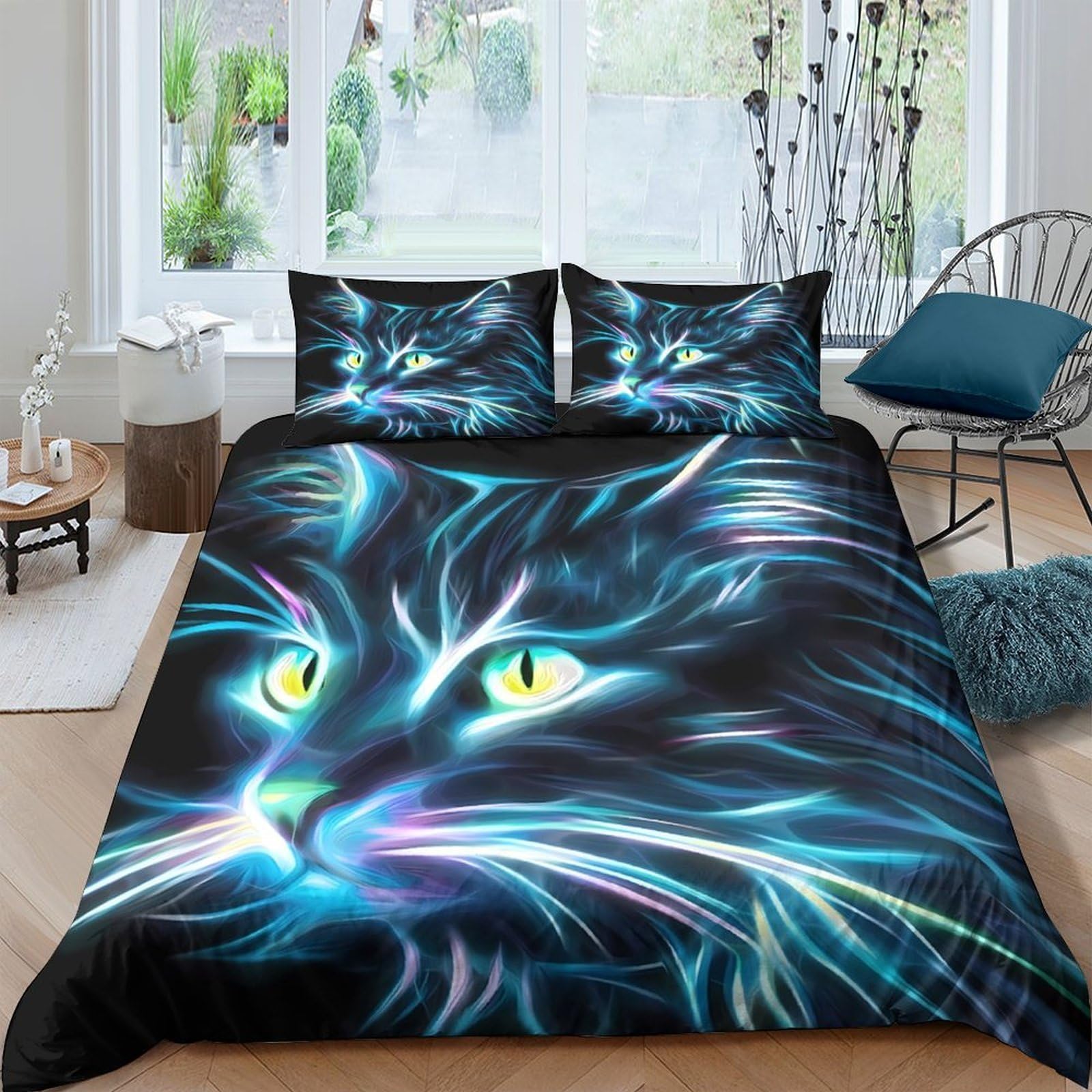 Ctjqhvkz Style-6 3D Printed Neon Cat Fitted Sheet Microfiber Soft Anti-Slip Blacklight Animal Mattress Cover For Bedroom Dorm Bed Decor Single（135X200cm）