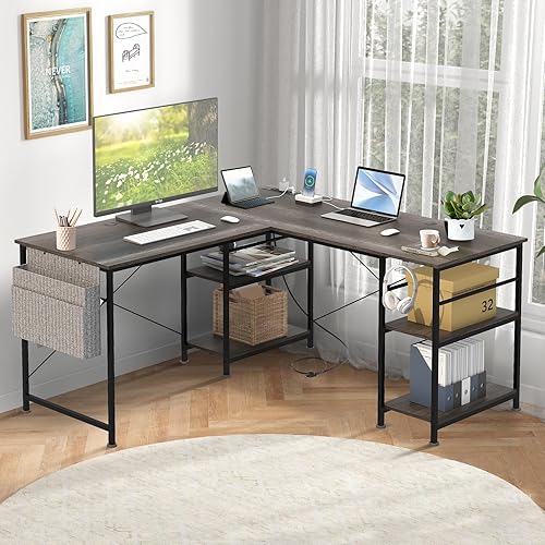 Miniatura 2 de Escritorio para computadora de 55 pulgadas, mesa esquinera reversible en forma de L con estantes extraíbles, toma de corriente, gancho para