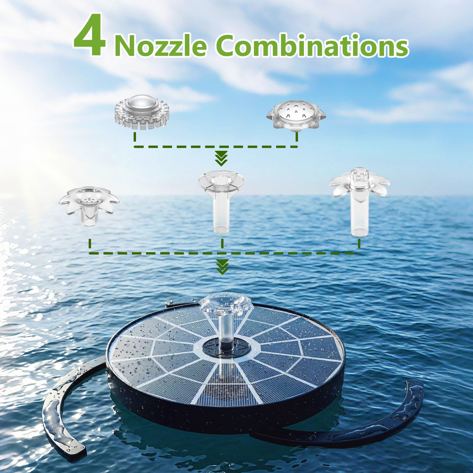 AISITIN Fuente solar para exterior mejorada, 3,7 W, para exteriores, con 4 efectos de pulverización, bomba solar flotante para estanque, bomba de fuente flotante para jardín, baño de pájaros, estanque