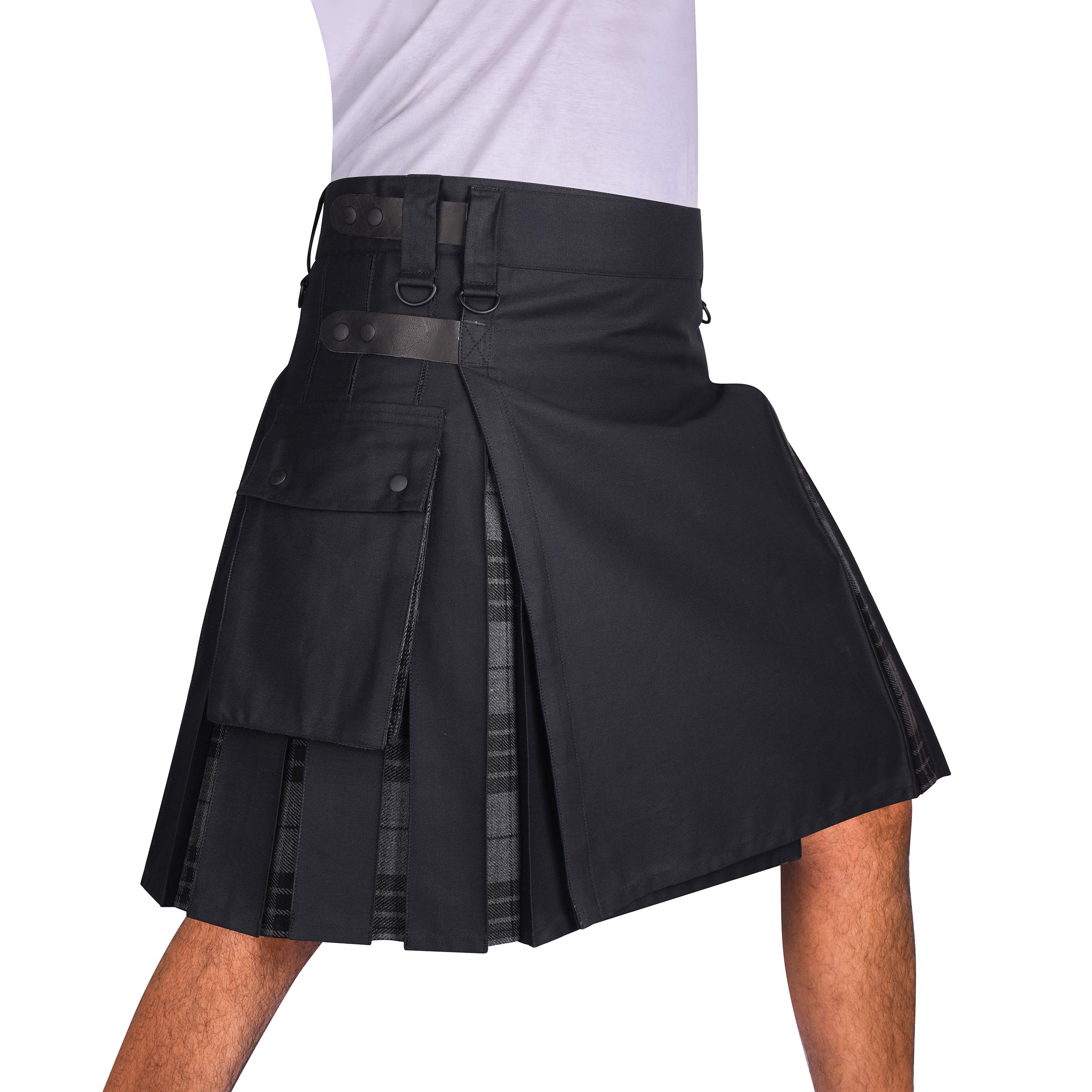 Buy Men's Hybrid Black Cotton & Tartan Utility Kilts with Leather
