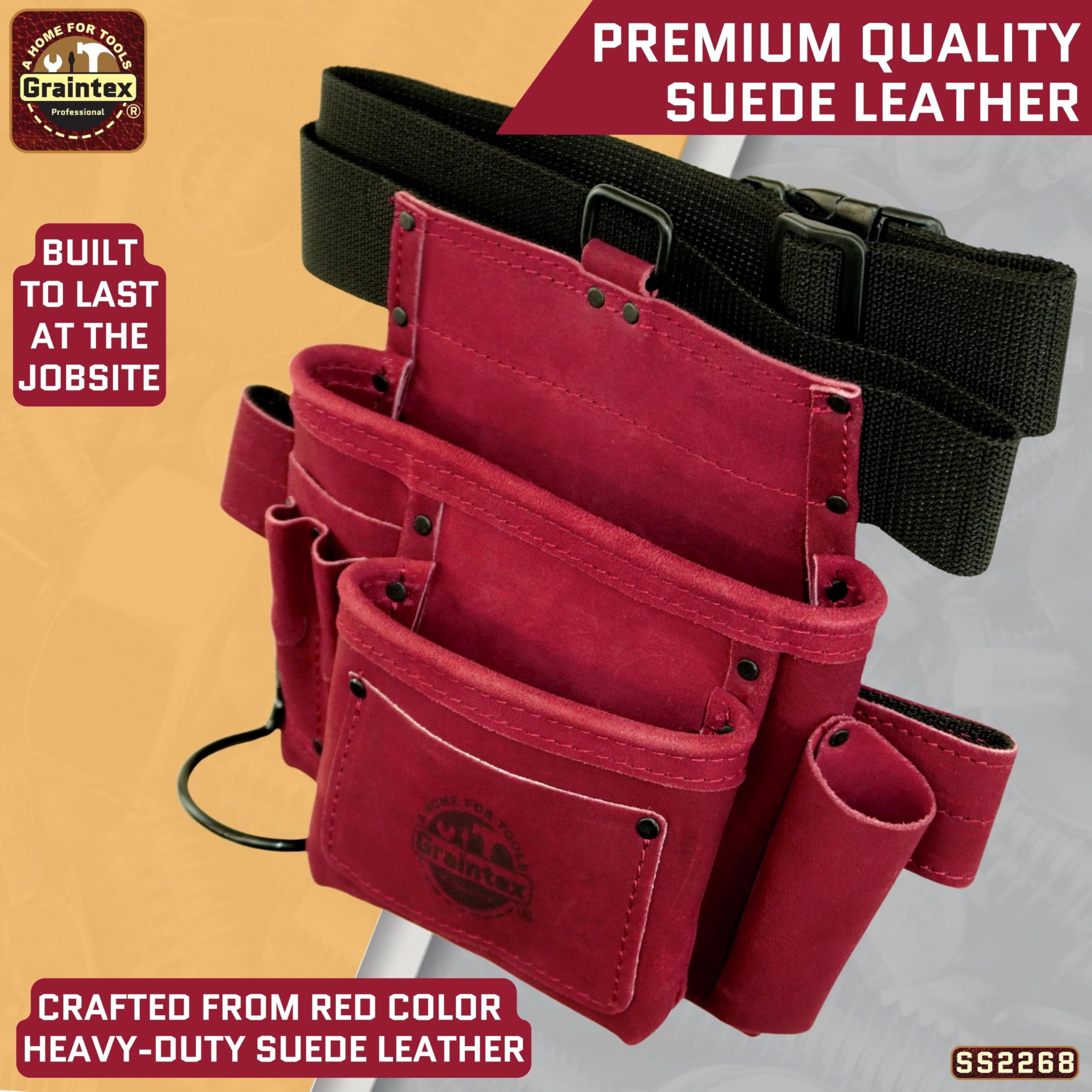 Graintex SS2268 - Bolsa de Herramientas y Clavos de 5 Bolsillos de Piel de Ante Burdeos con cinturón de cincha de 2 Pulgadas para constructores, electricistas, fontaneros, manitas