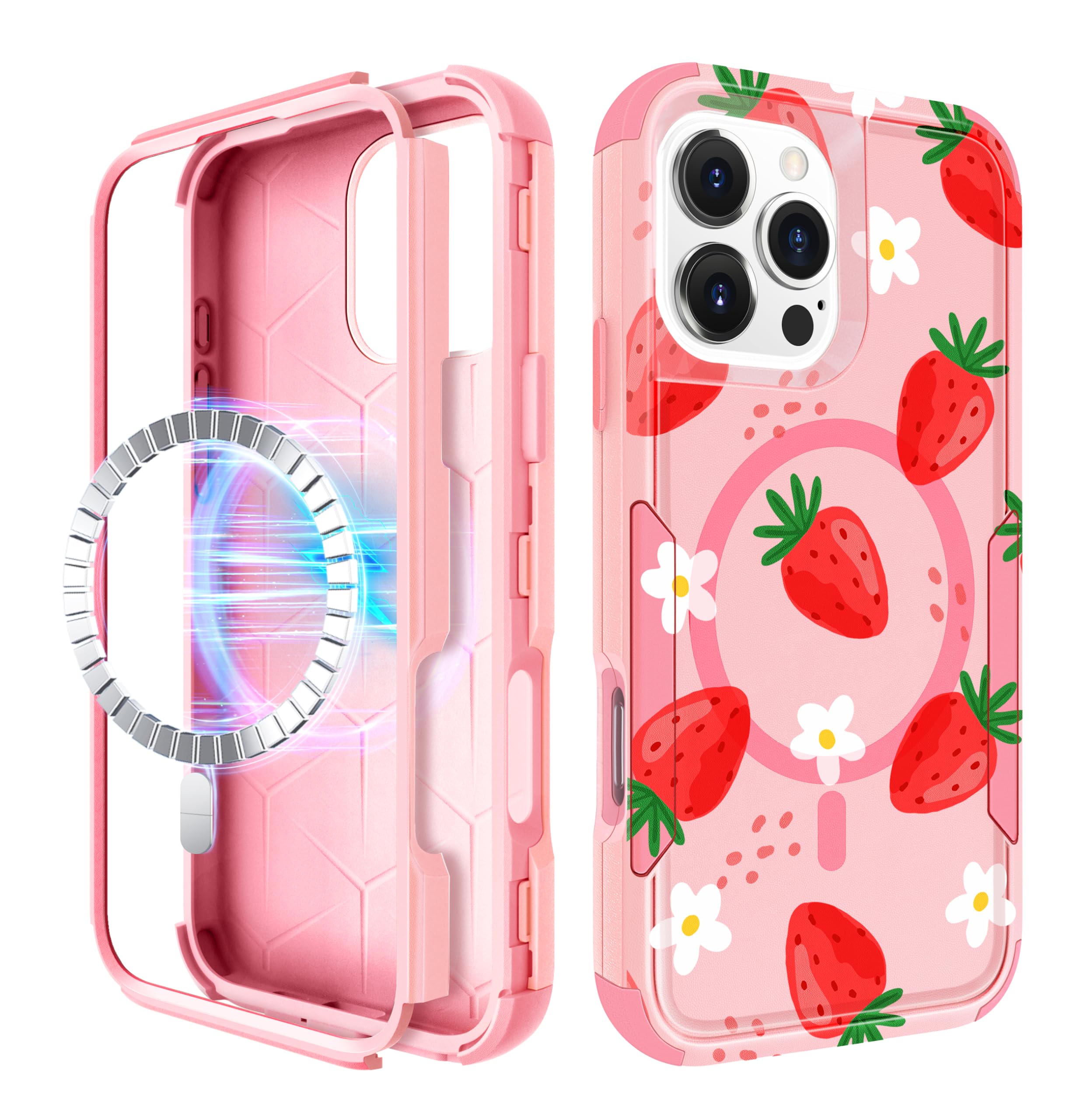LISEVO for iPhone 16 Pro Max Case - Compatible with MagSafe Women Cute Girls Magnetic Protective Phone Cover Strawberry Girly Kawaii Heavy Duty