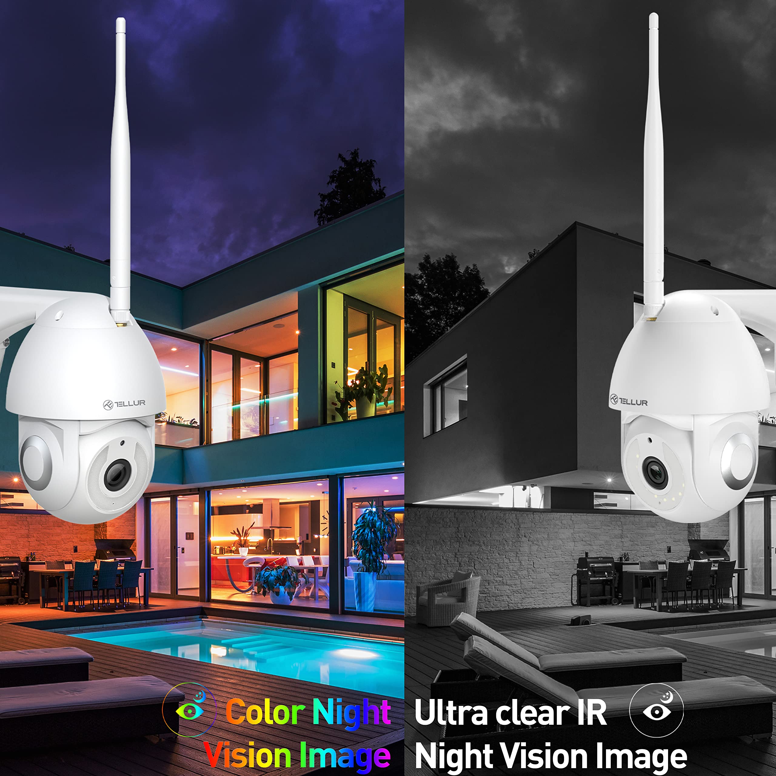 Tellur Smart Wlan Überwachungskamera Alexa, Automatisches Tracking, Wlan-Außenkamera, 2K UHD, PTZ 350, Farbnachtsicht, App und Sprachsteuerung