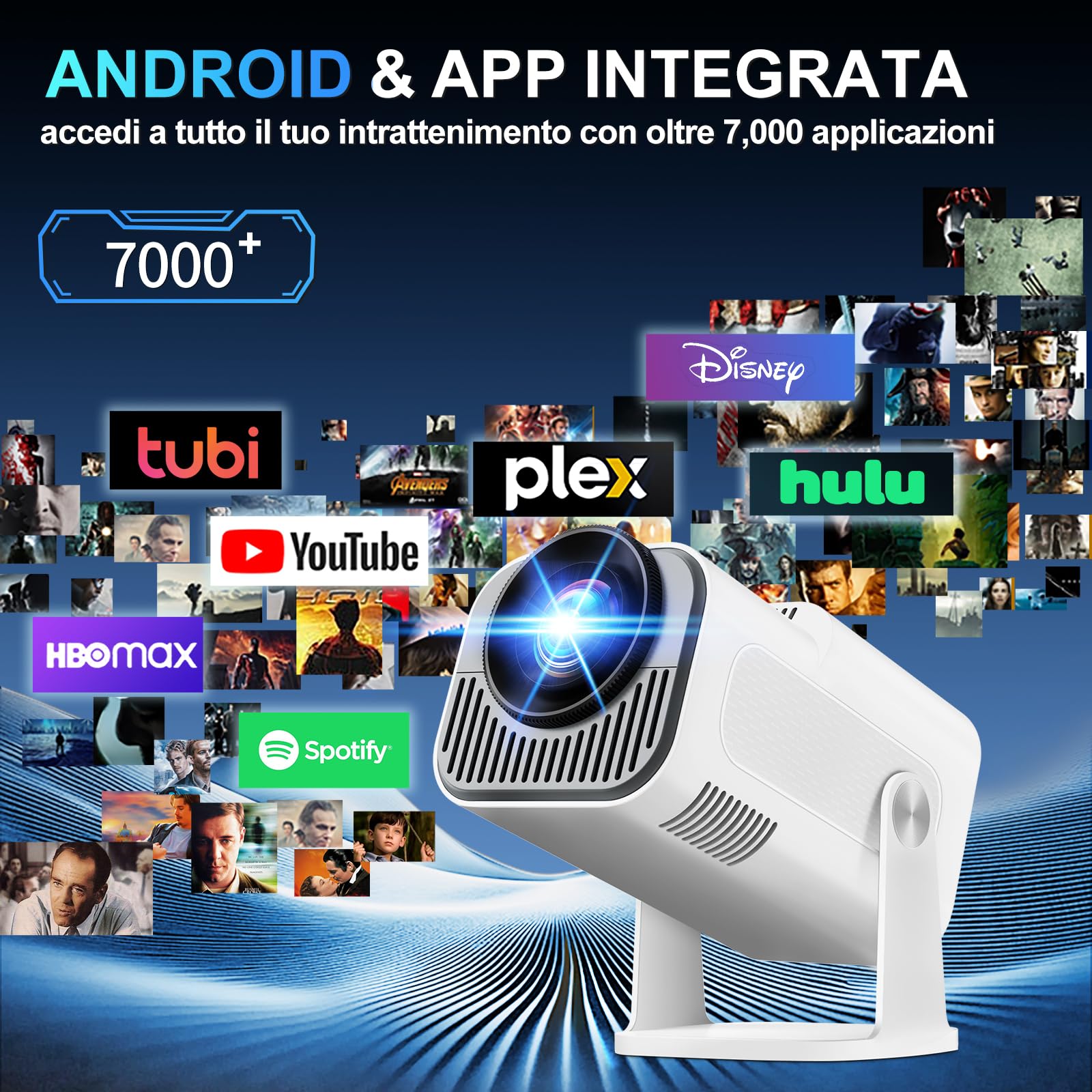 [App integrata & 2026 Upgraded] Proiettore 1080P 4K con WiFi 6 Bluetooth 5.2 Mini Proiettore Portatile Supporta Rotativo a 270°Auto Keystone Projector TV Stick/USB/HDMI/PC con Cavo HDMI & Mouse,Bianco
