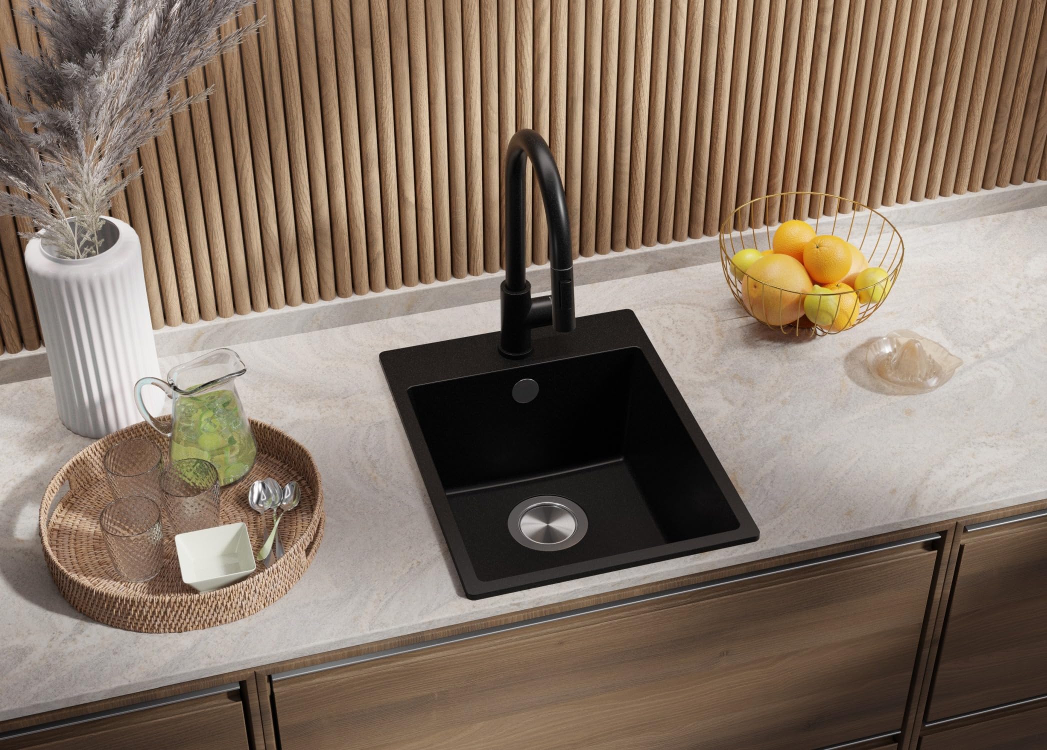 PRIMAGRAN Evier Cuisine en Granit Noir 38x50cm, Lavabo 1 bac + Kit de Vidage, Évier à Encastrer au Meuble 40cm - Riga S035