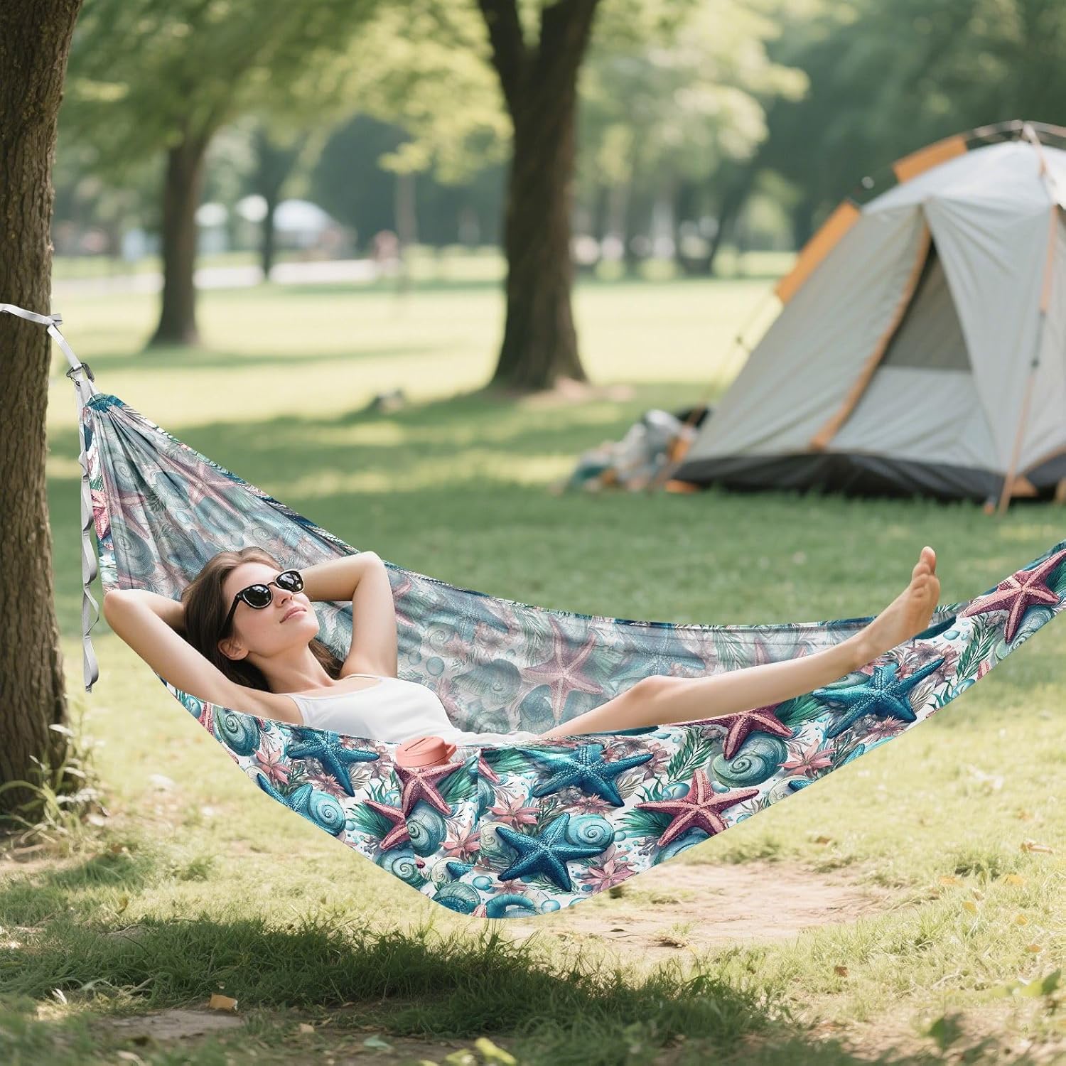 ALAZA Starfish Shell Camping Hammocks Single or 2 Person 500 lbs Portable Parachute Travel Hammock w/Tree Straps for Hiking Backpacking Indoor Outdoor