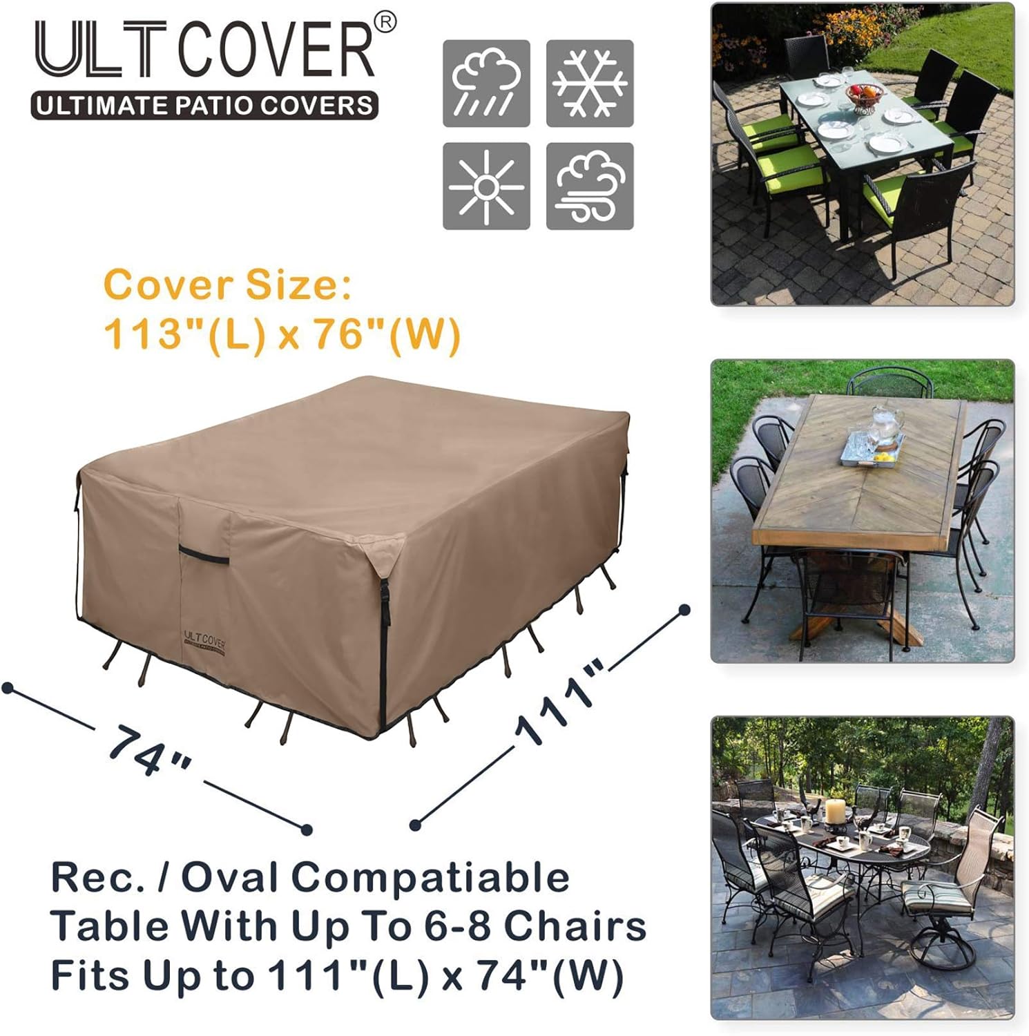 ULTCOVER Rectangular Patio Heavy Duty Table Cover - 600D Tough Canvas Waterproof Outdoor Dining Table and Chairs General Purpose Furniture Cover Size 111L x 74W x 28H inch : Patio, Lawn & Garden