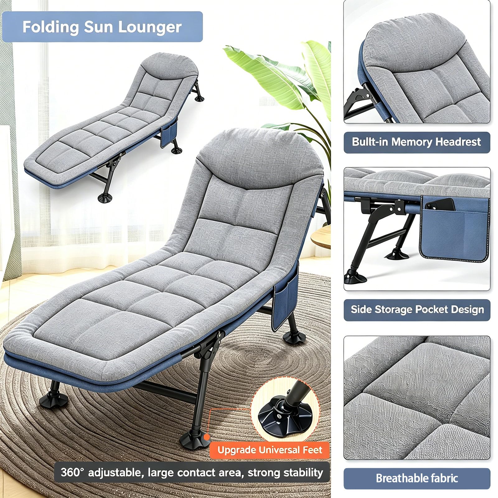 Feldbett Klappbar Sonnenliege mit Matratze, Campingbett mit 6-stufig Verstellbar, Campingliege Klappbar Extra Breit bis 160 kg, Gartenliege für Outdoor Camping Reisen, 190x65x30cm (Grau)