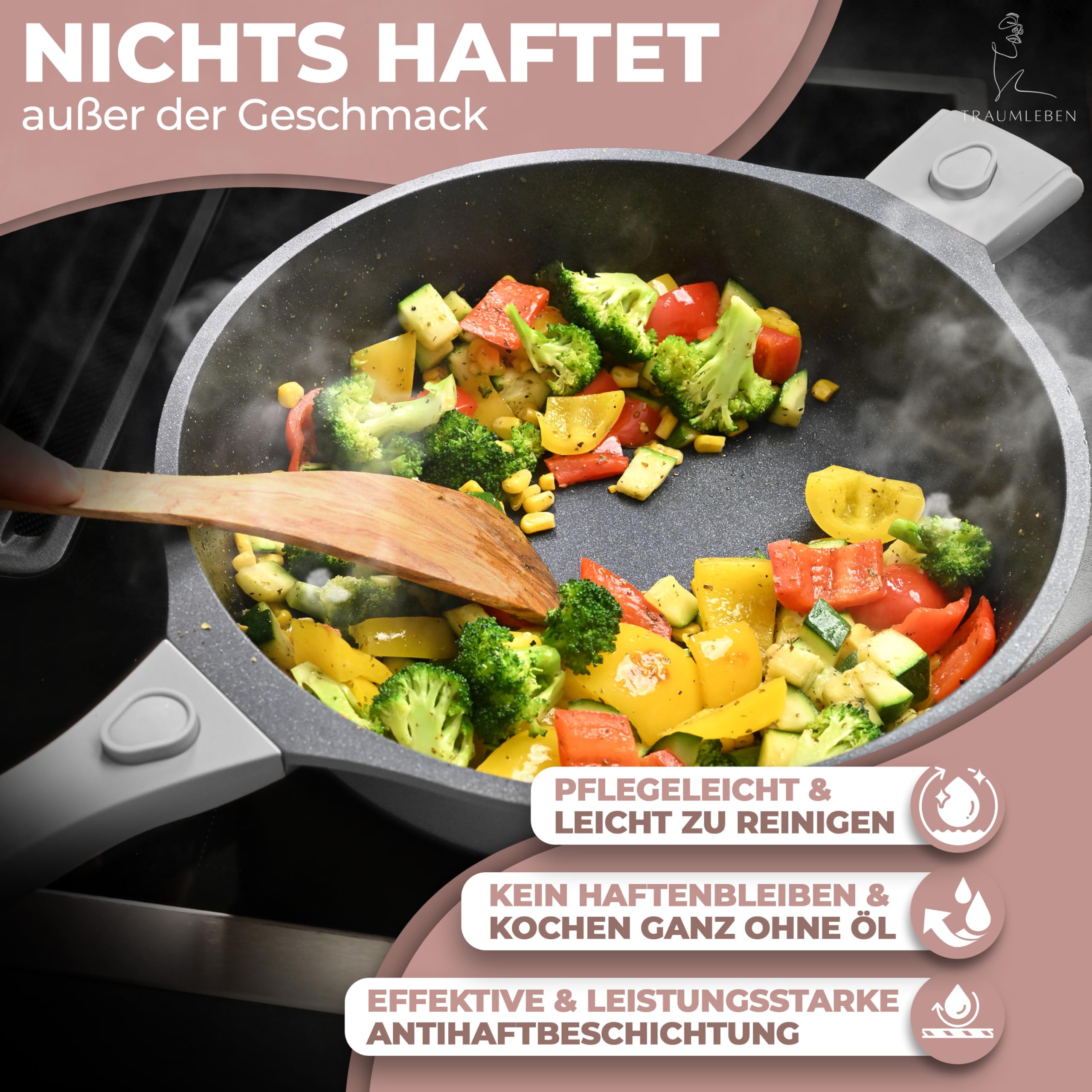 TRAUMLEBEN Bratpfanne 28 cm mit Deckel & abnehmbaren Griffen (Grau) | Antihaftbeschichtung, PFOA-frei, für Induktion geeignet, backofenfest, hoher Rand