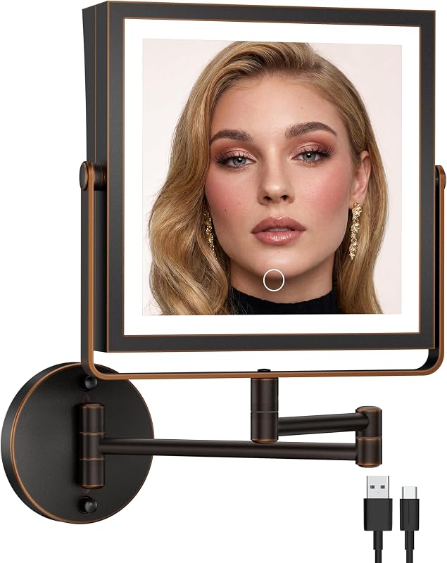 Espelho de maquiagem de parede WZKALY com iluminação LED, dupla face 1X/10X, bateria de 4000 mAh, 3 cores de luz, braço articulado 360° e acabamento Oil Rubbed Bronze