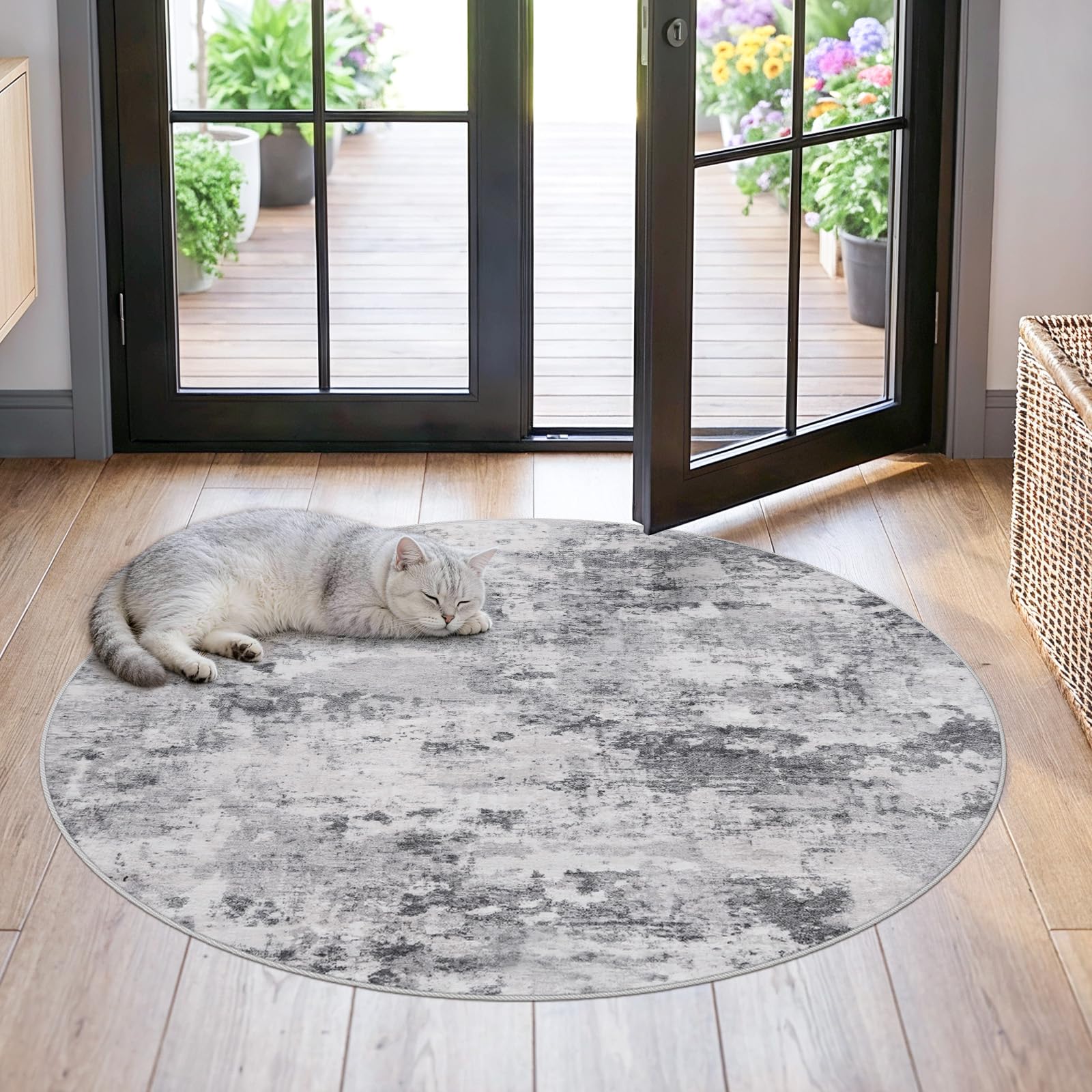 HILORUUG Abstract Washable Round Rug 3ft Black Grey