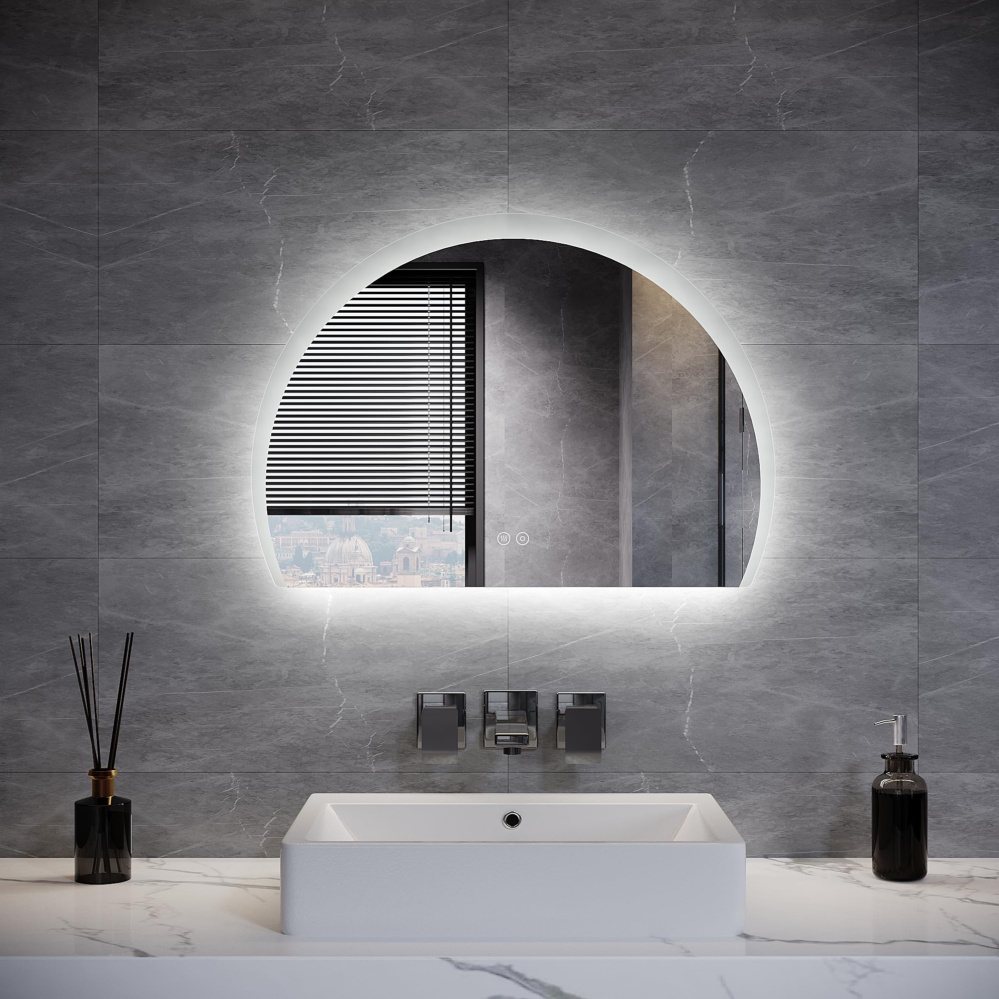 ELEGANT Bathroom Mirror with LED Lights, Illuminated Smart Half Circle Backlit Mirror Wall Mounted Mirrors with Anti-Fog, 3 Colors Dimmable, Touch Control & Memory Function, IP44, 70 x 50cm