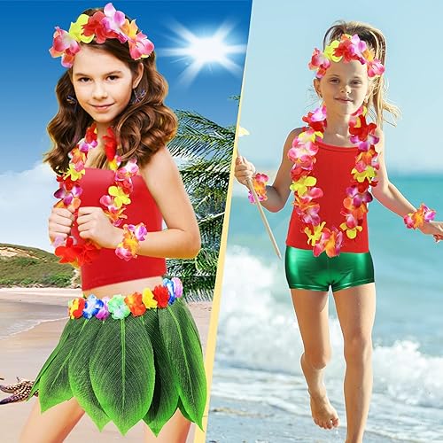Miniatura 6 de Shihanee Juego de 7 piezas de falda hula de hoja y leis hawaiano con flores de hibisco, collar, pulsera, diadema, chaleco, pantalones cortos,