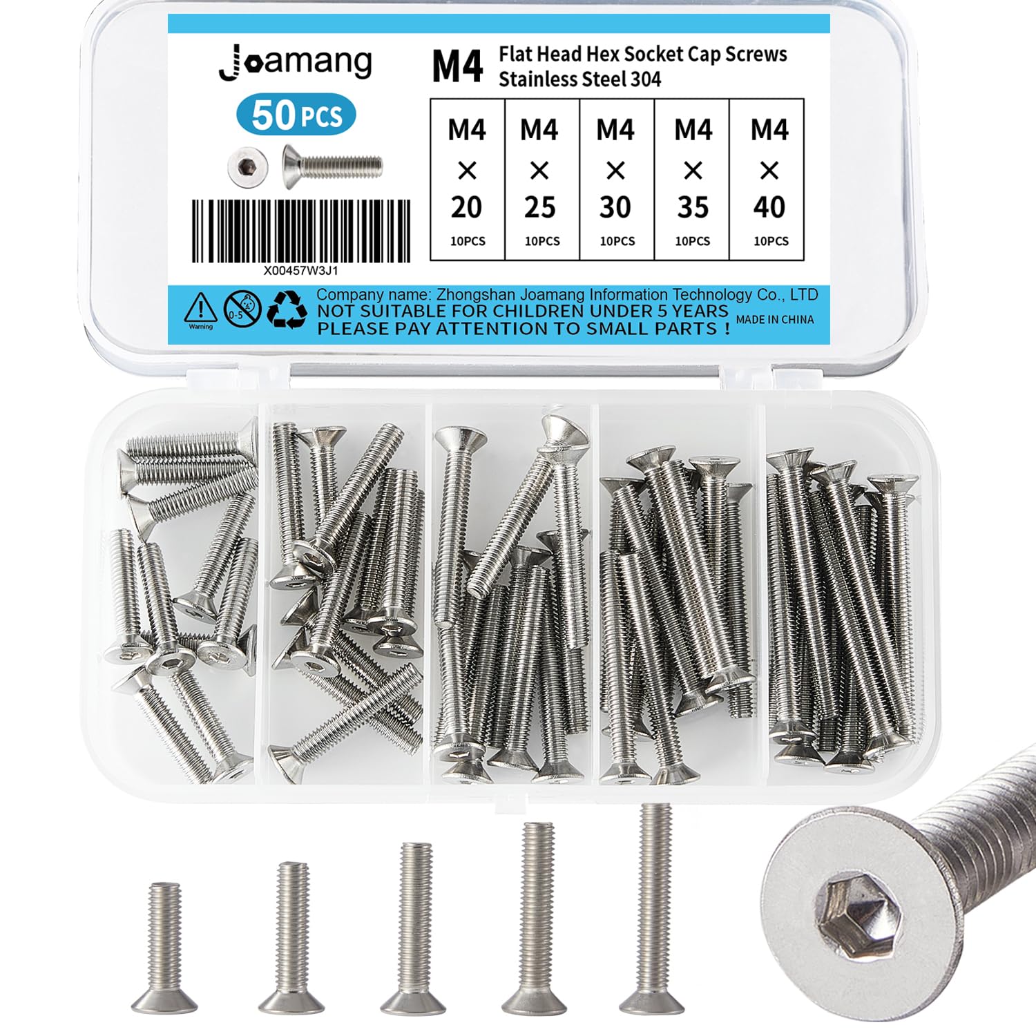 Joamang M4 x 20mm 25mm 30mm 35mm 40mm Flat Head Hex Socket Cap Screws Countersunk Bolts, Stainless Steel 304, Metric Allen Hex Drive, Bright Finish,