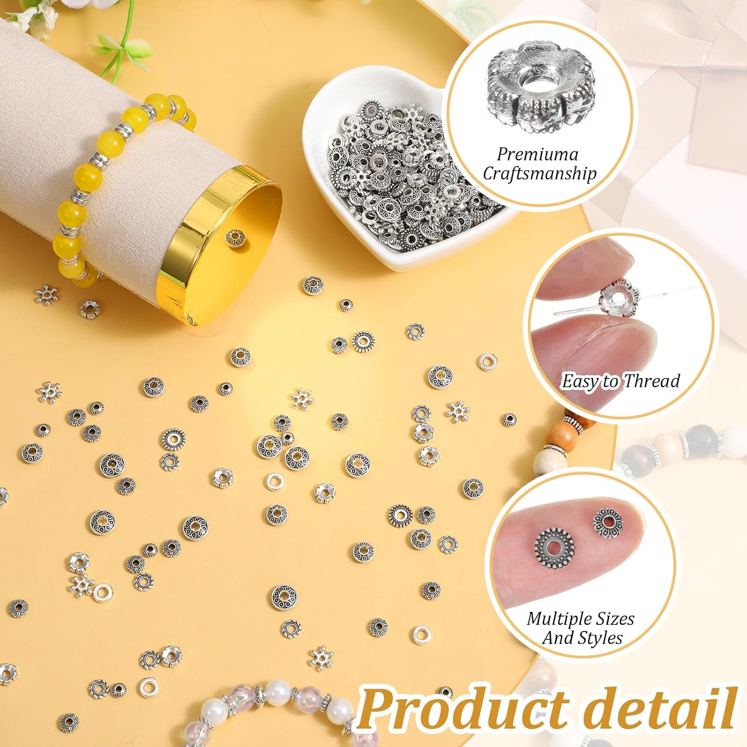 450PCS Silver Spacer Beads for Jewelry Making, Metal Flat Flower Spacer Beads for Bracelets, Necklace, Earring Findings & Supplies - Image 3