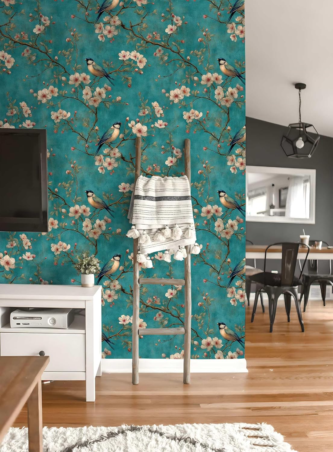 Vintage Floral Bird Peel and Stick Wallpaper, (Teal and White) Chinoiserie Botanical Pattern Wallpaper for Home Decor | 17.7" x 236", Self-Adhesive, Waterproof Vinyl