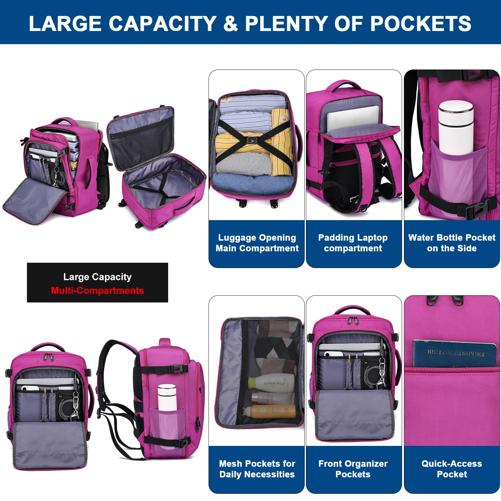 ENZOSUM Zaino Ryanair 40x30x20 Bagaglio a Mano 40x30x20 per Ryanair 24L Zaino da Viaggio per Donna 15.6 Pollici Zaino Porta PC per Scuola Trekking Lavoro,Viola