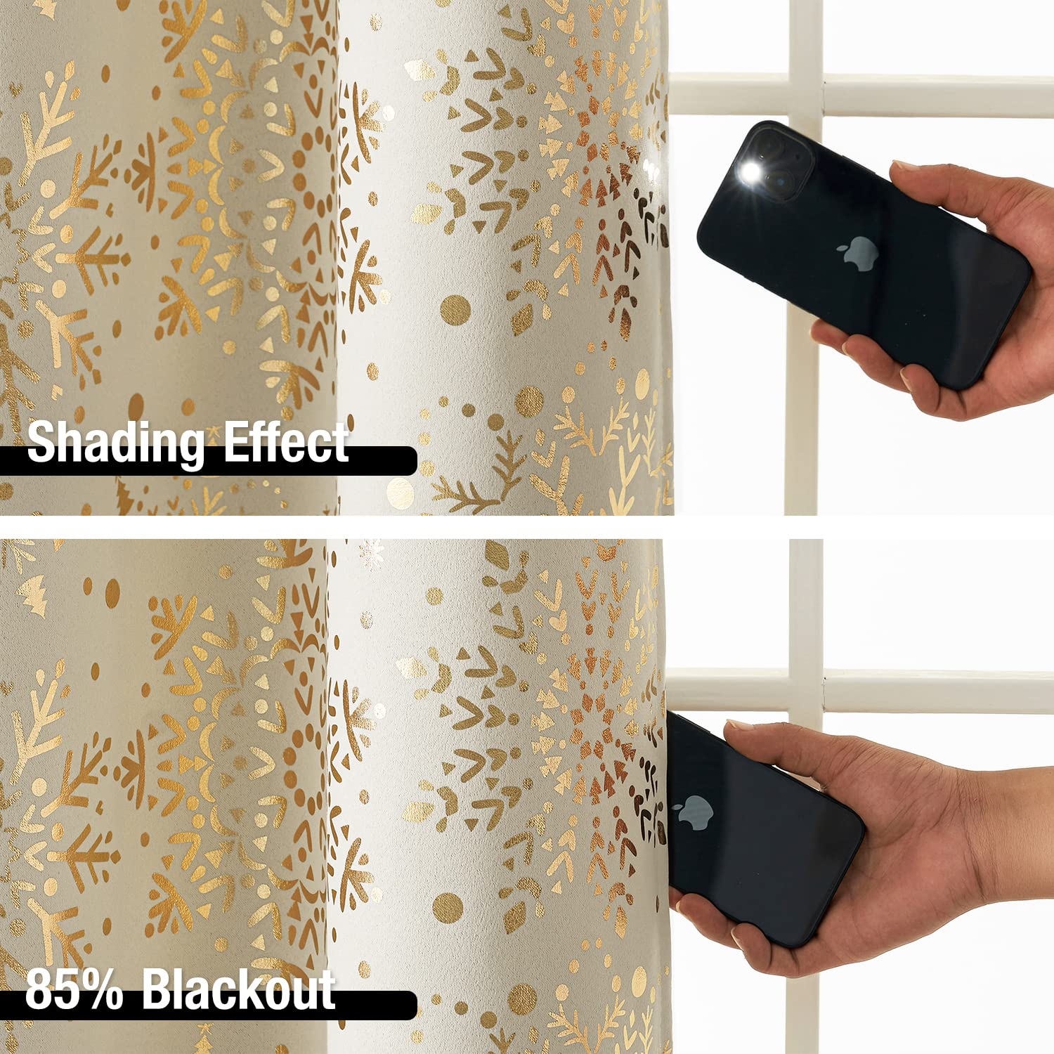 Beige Gold Blackout Window Curtains for Bedroom Snowflake Print Full Blackout 72inch Length Drapes for Christmas Holiday Thermal Insulated Energy Saving Window Treatment Set for Winter Decor 2pcs - Image 3