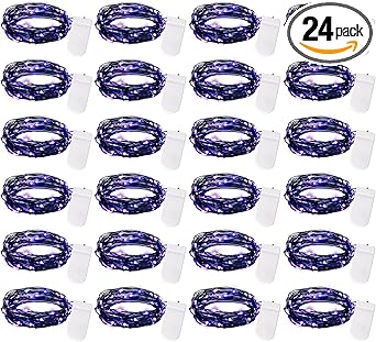 Brightown 24 Pack Fairy Lights Battery Operated, Halloween String Lights Waterproof Black Wire 7 ft 20 LED Firefly Starry Lights for Hallowen Decorations DIY Paper Lantern Craft Pumpkin (Purple)