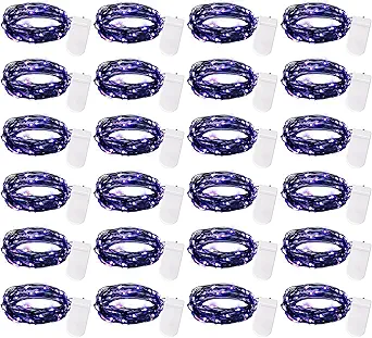 Brightown 24 Pack Fairy Lights Battery Operated, Halloween String Lights Waterproof Black Wire 7 ft 20 LED Firefly Starry Lights for Hallowen Decorations DIY Paper Lantern Craft Pumpkin (Purple)