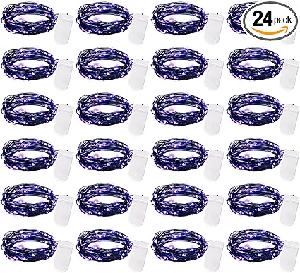 Brightown 24 Pack Fairy Lights Battery Operated, Halloween String Lights Waterproof Black Wire 7 ft 20 LED Firefly Starry Lights for Hallowen Decorations DIY Paper Lantern Craft Pumpkin (Purple)