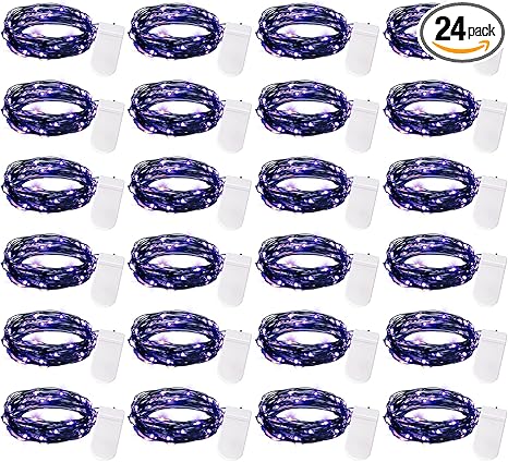 Brightown 24 Pack Fairy Lights Battery Operated, Halloween String Lights Waterproof Black Wire 7 ft 20 LED Firefly Starry Lights for Hallowen Decorations DIY Paper Lantern Craft Pumpkin (Purple)
