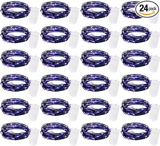 Brightown 24 Pack Fairy Lights Battery Operated, Halloween String Lights Waterproof Black Wire 7 ft 20 LED Firefly Starry Lights for Hallowen Decorations DIY Paper Lantern Craft Pumpkin (Purple)