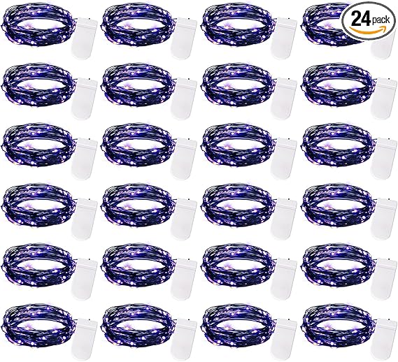 Brightown 24 Pack Fairy Lights Battery Operated, Halloween String Lights Waterproof Black Wire 7 ft 20 LED Firefly Starry Lights for Hallowen Decorations DIY Paper Lantern Craft Pumpkin (Purple)
