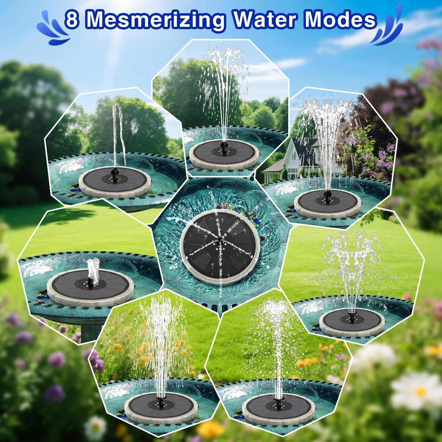 SZMP Solar Fountain, 4W Solar Powered Bird Bath Fountains with 4000 Battery, Color LED Lights, Outdoor Water Feature Fountain Pump with 7 Nozzle and 4 Fixers for Garden, Patio, Pond, and Pool