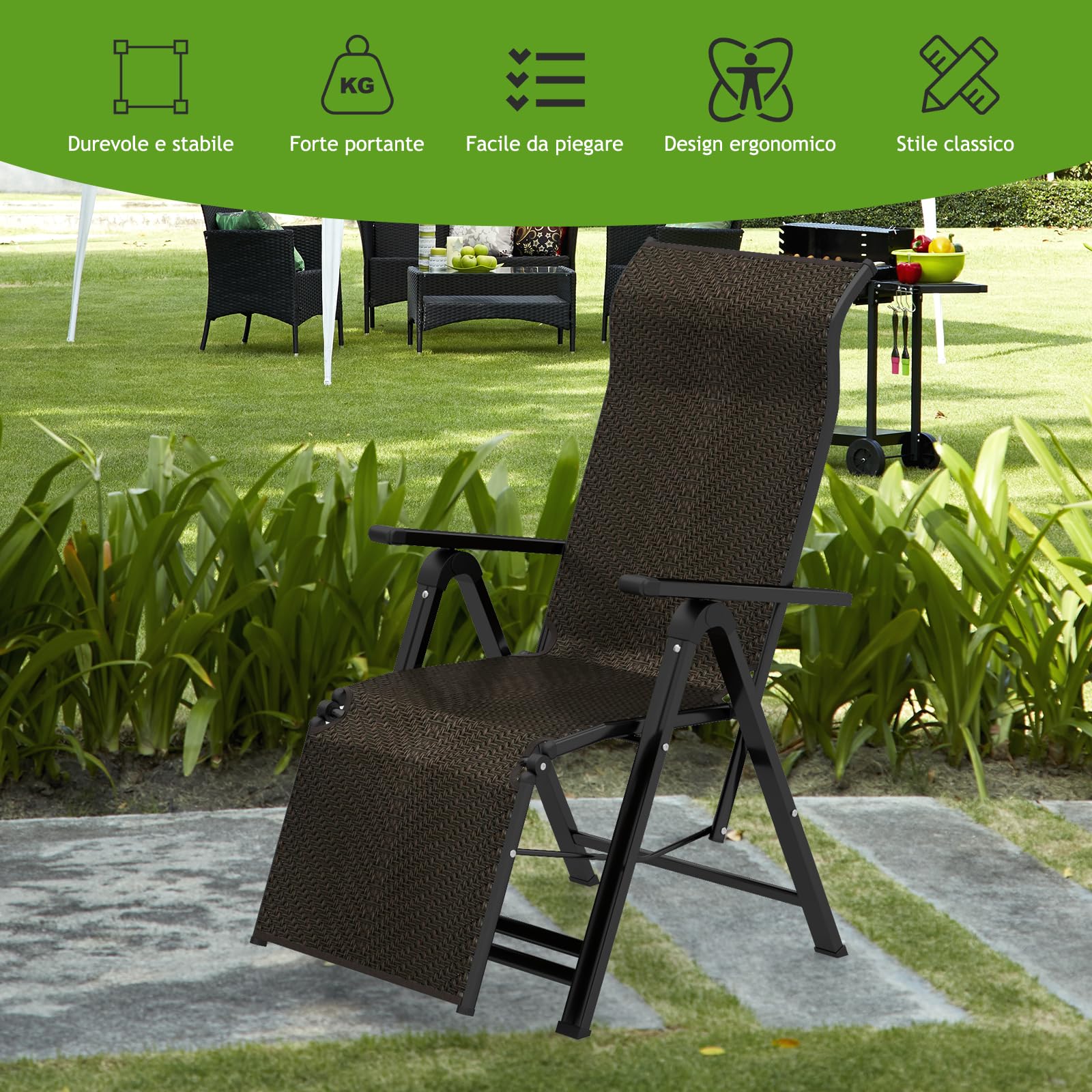 COSTWAY Sdraio da Giardino Pieghevoli in Rattan e Acciaio, Schienale Regolabile 10 Posizioni, Portata 113 kg, 2 Pezzi