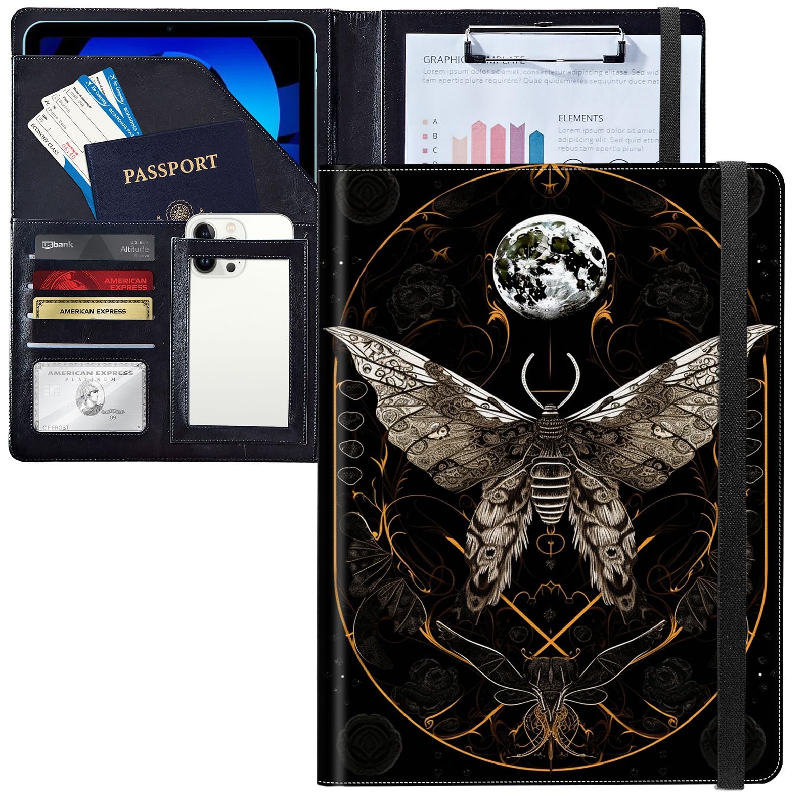 JANENFNA Moth Crescent Moon Padfolio Portfolio Leather Binder, Resume Portfolio Folder with Elastic Band, Conference/Legal Document Organizer with A4 Size Clipboard, 4 Card Holder