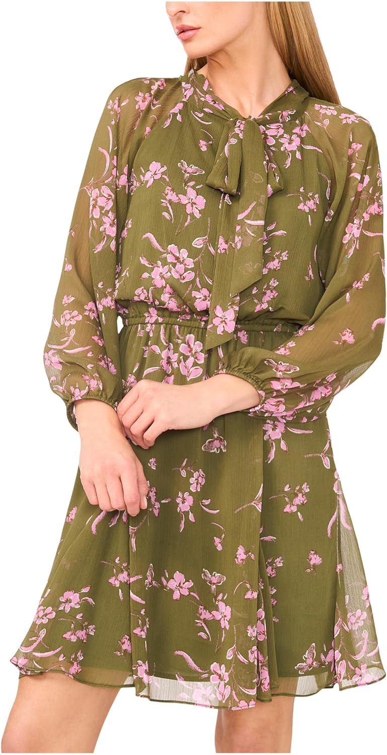 CeCe Womens Long Sleeve Tie Neck Printed Dress