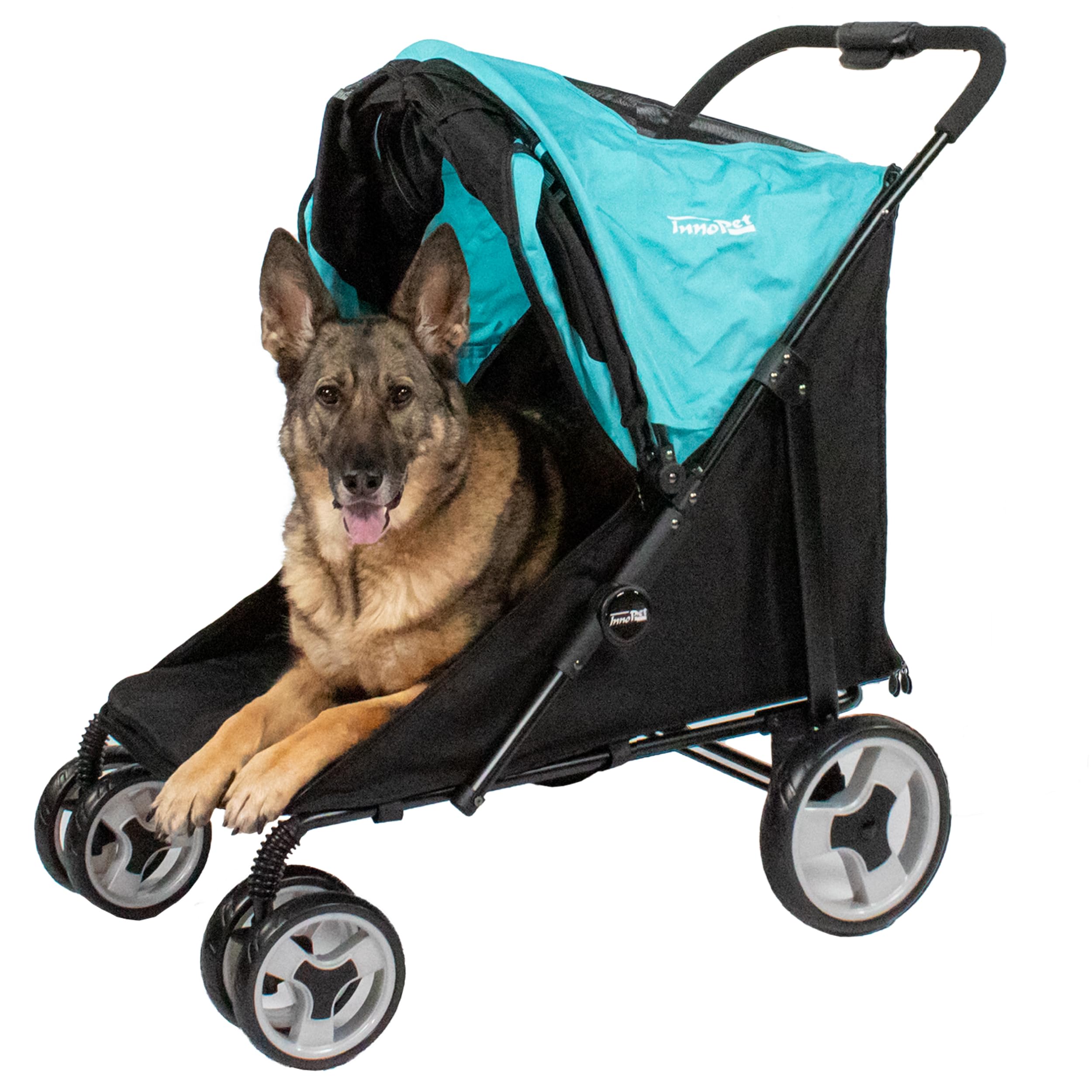 Innopet Mamut carrito grande azul - Cochecito para perros grandes hasta 50kg, incluye cubierta de lluvia, plegado rápido y ruedas delanteras giratorias
