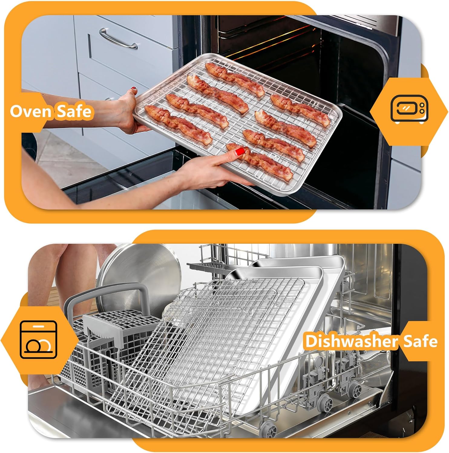 TeamFar Baking Pan with Rack Set (2 Pans + 2 Racks), Stainless Steel Cookies Sheet Baking Tray Pan with Grid Cooling Rack for Toaster Oven, Healthy & Heavy-Duty, Dishwasher Safe, 12.5 x 9.5 x 1 Inch