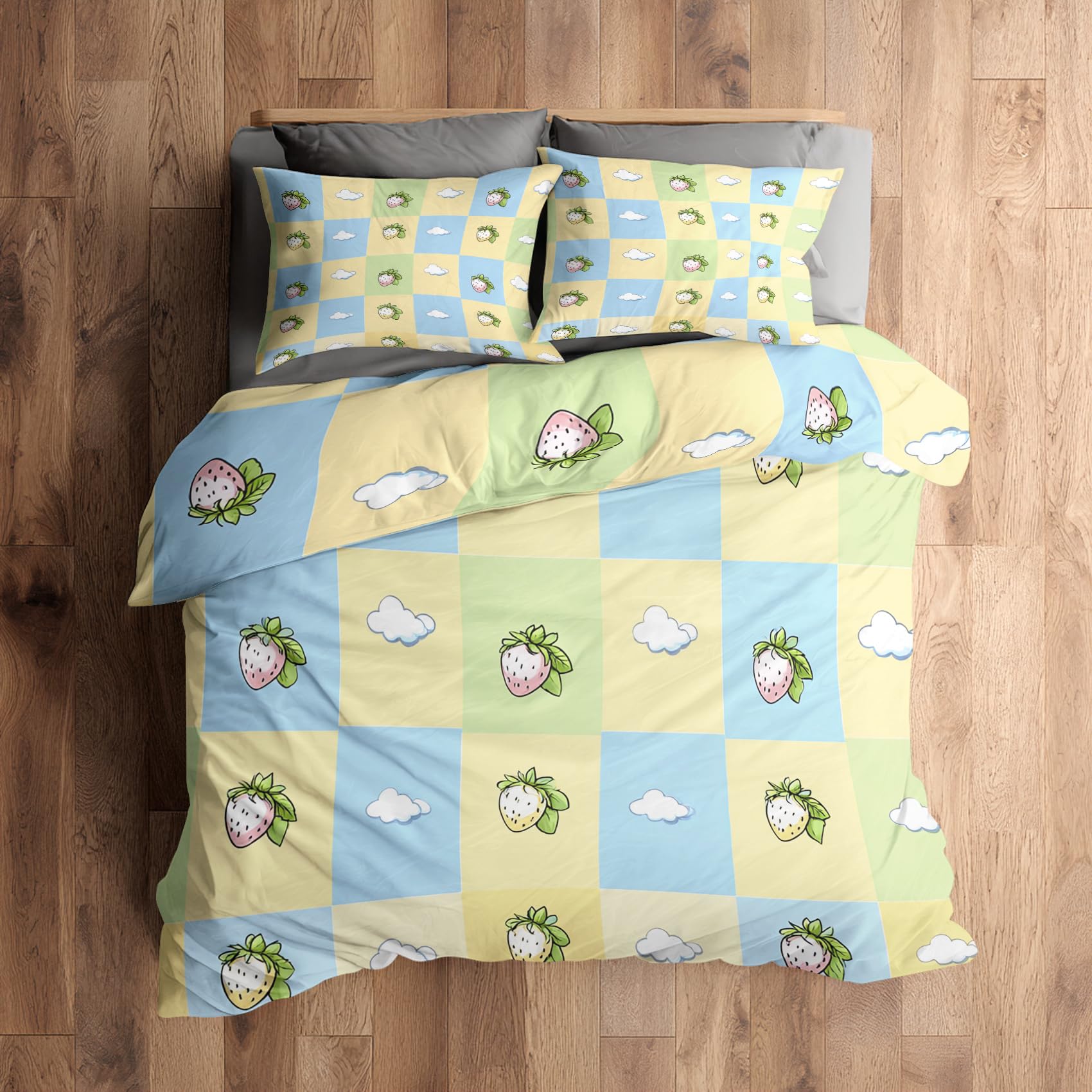 Housse de couette 200x200 fraise pour lit 2 personnes avec 2 taies 65x65