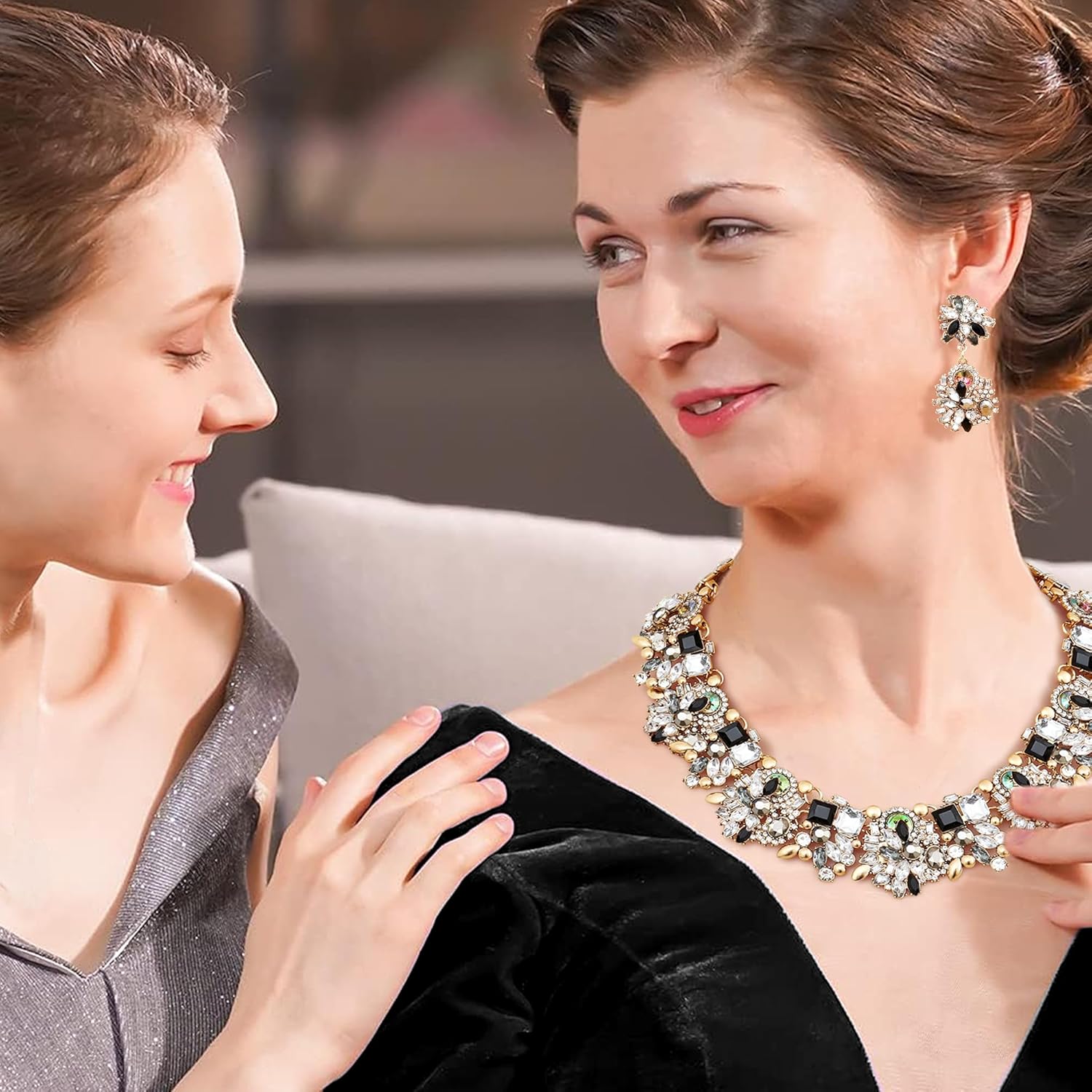 JOERICA Bib Statement Necklace for Women Chunky Choker Necklace and Earrings Set Vintage Rhinestone Statement Necklace Fashion Costume Jewelry for Women