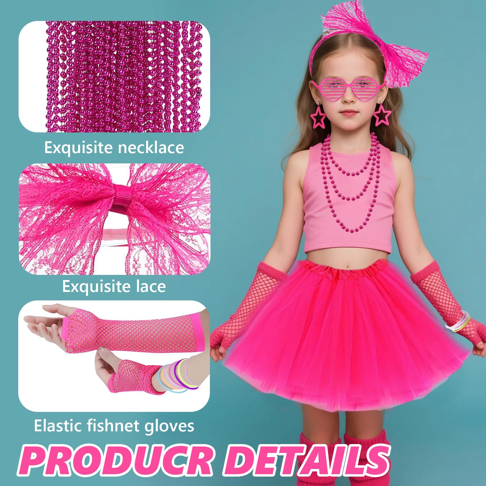 80s Costume Accessories Set for Girls 21Pcs 1980s Fancy Dress Outfit with Tutu Skirt Fishnet Gloves Leg Warmers Bow Headband Necklace Bracelets Glasses - Image 3