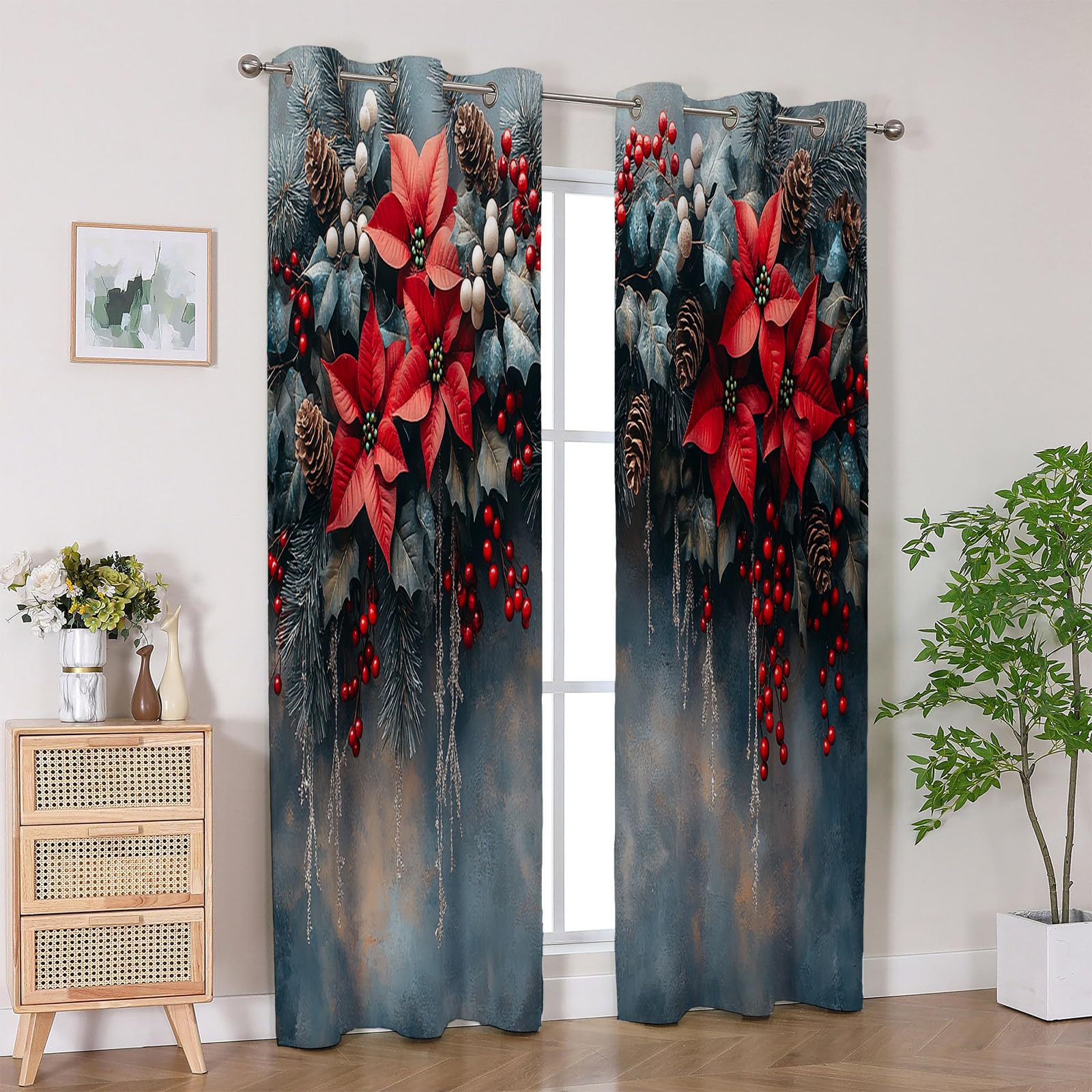 Modern Abstrakt Geometrie Vorhänge Klassischer roter Tannenzapfen-Winter Schlafzimmer Fenstervorhang-H180 x B100 cm (2er Pack)