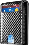 QLD Minimalist Wallet for Men - Slim RFID Blocking Bifold Credit Card Holder Leather Pop Up Wallet Aluminum Case with Cash Slot, Front Pocket with ID Window, Gift Boxed, Carbon Fiber, Minimalist