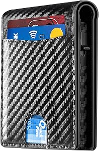 QLD Minimalist Wallet for Men - Slim RFID Blocking Bifold Credit Card Holder Leather Pop Up Wallet Aluminum Case with Cash Slot, Front Pocket with ID Window, Gift Boxed, Carbon Fiber, Minimalist