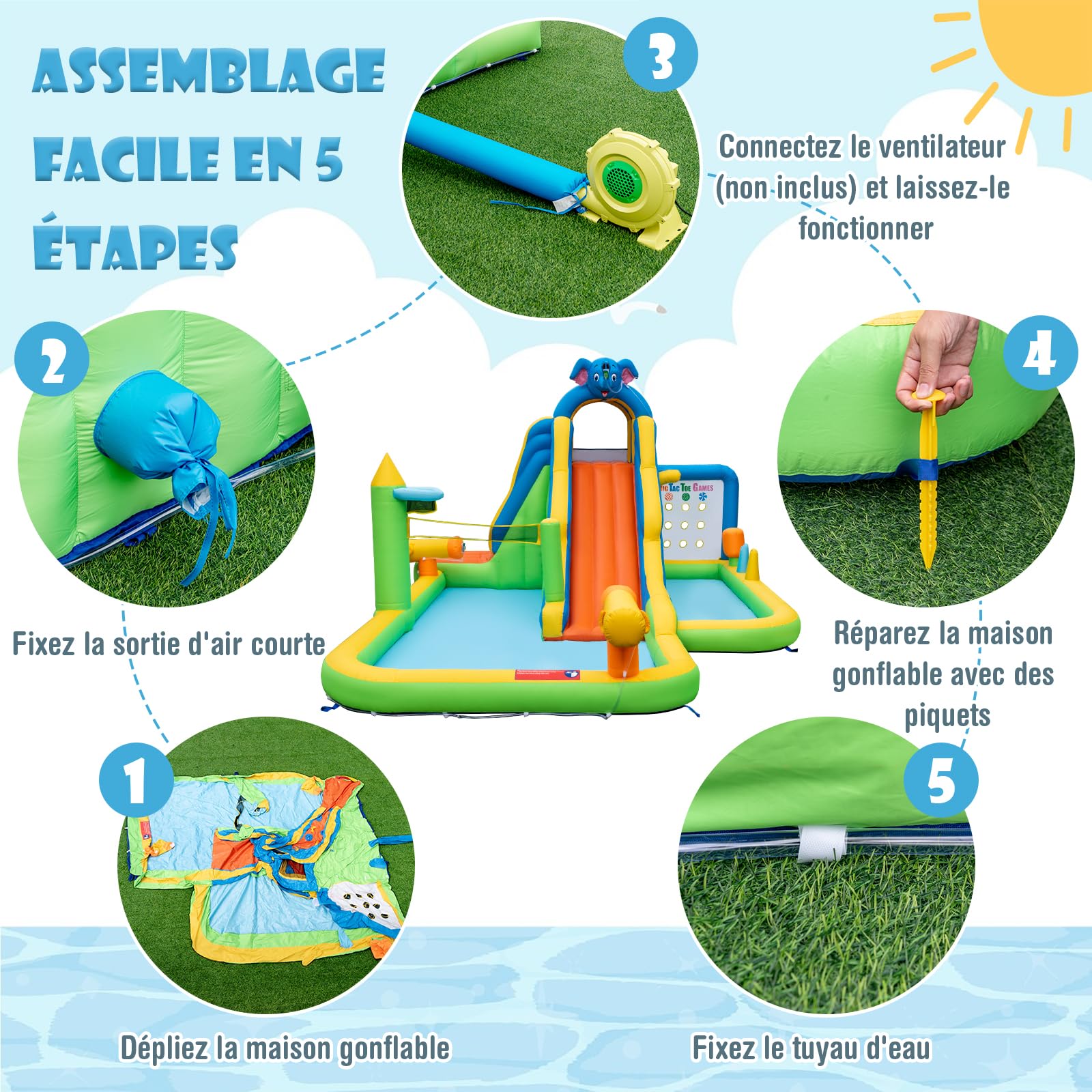 GOPLUS Château Gonflable Enfants Géant,Piscine,Mur d'escalade, Canons à Eau Basket-Ball Volley-Ball, pour Intérieur Extérieur Charge 45+45KG pour Enfants 3-10 Ans (Elephant, sans Souffleur)