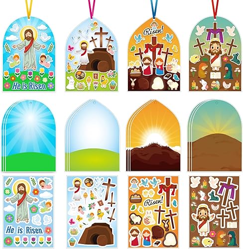 36 calcomanías de escena de Pascua para niños, calcomanías de Pascua con el que vive, manualidades religiosas, calcomanías de Jesús cristiano,