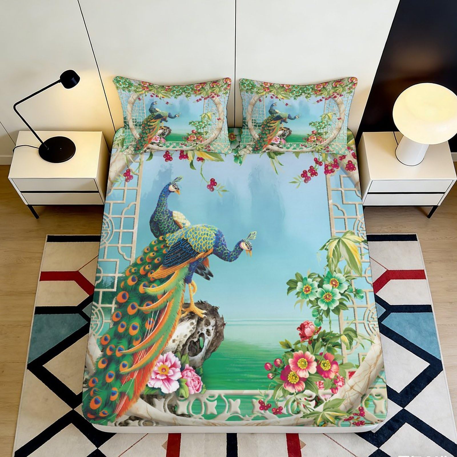3D Printed Peacock Garden Fitted Sheet Microfiber Soft Breathable Floral Mattress Cover for Bedroom Guest Room Decor 180x200x25cm