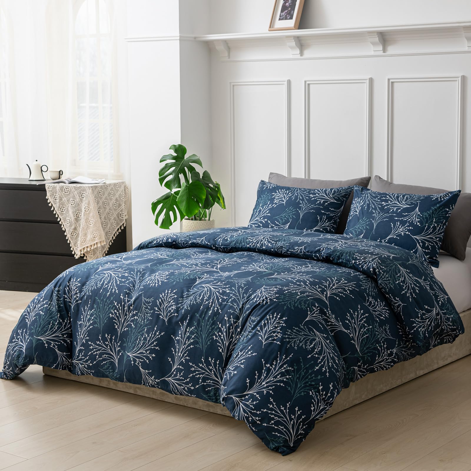 Tokokimo 4PCS Duvet Cover Sets King Size Bedding Sets, Botanical Branches Printed Grey Kingsize Duvet Cover Sets with Pillowcases and Extra Fitted Sheet, Soft Microfiber King Size Bedding Sets — view 60