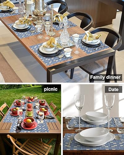 Miniatura 5 de Juego de 6 manteles individuales geométricos azules para mesa de comedor, manteles individuales de lino de algodón con bolsillo, tapete de arpillera