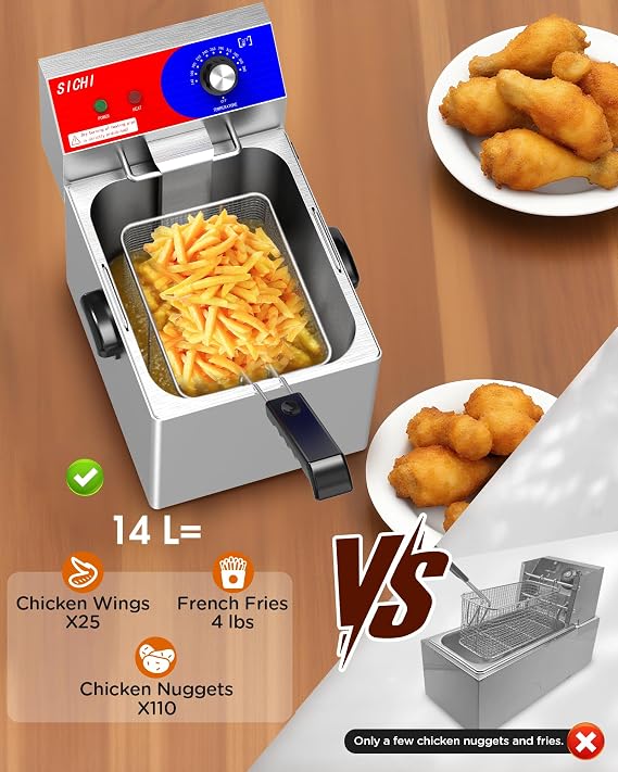 Commercial Deep Fryer - 14 L Electric Deep Fryer with 10 L Basket, Commercial Deep Fryer with Basket (2Pcs), Stainless Steel Countertop Deep Fryer w/Adjustable Temperature and Restaurant Use
