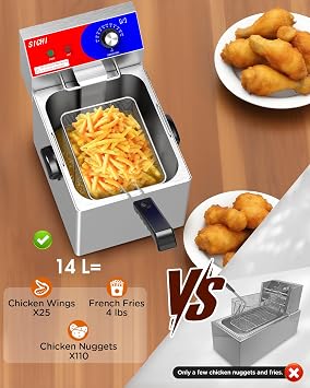Commercial Deep Fryer - 14 L Electric Deep Fryer with 10 L Basket, Commercial Deep Fryer with Basket (2Pcs), Stainless Steel Countertop Deep Fryer w/Adjustable Temperature and Restaurant Use