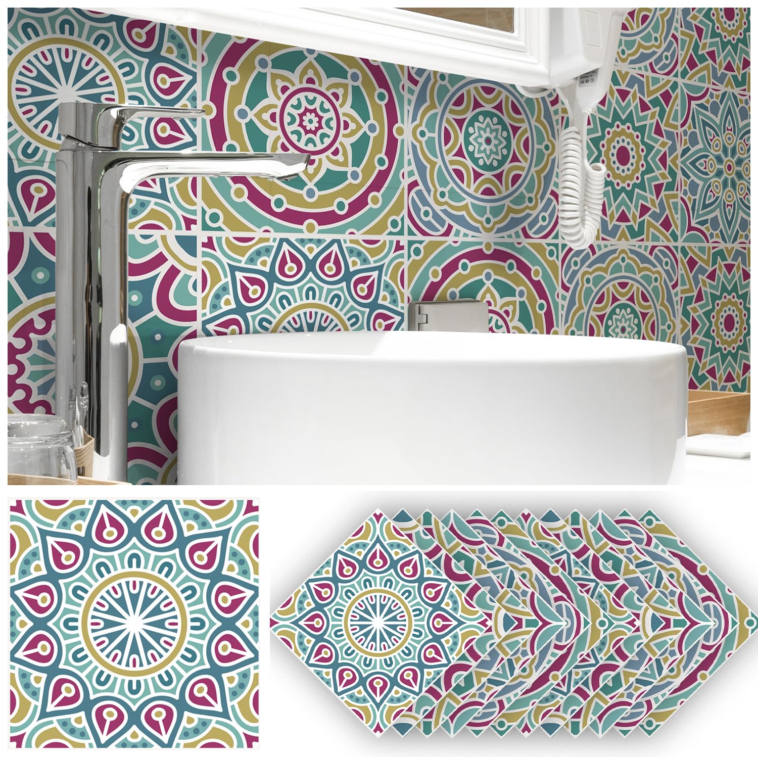 Alwayspon 12PcsX20cm/8inch Mandala Vinyl Wall Tile Sticker Transfer, Waterproof Sticky Back Tile Sticker for Kitchen Bathroom Self-adhesive Peel and Stick PVC Stick on Tile, Watercolor T60