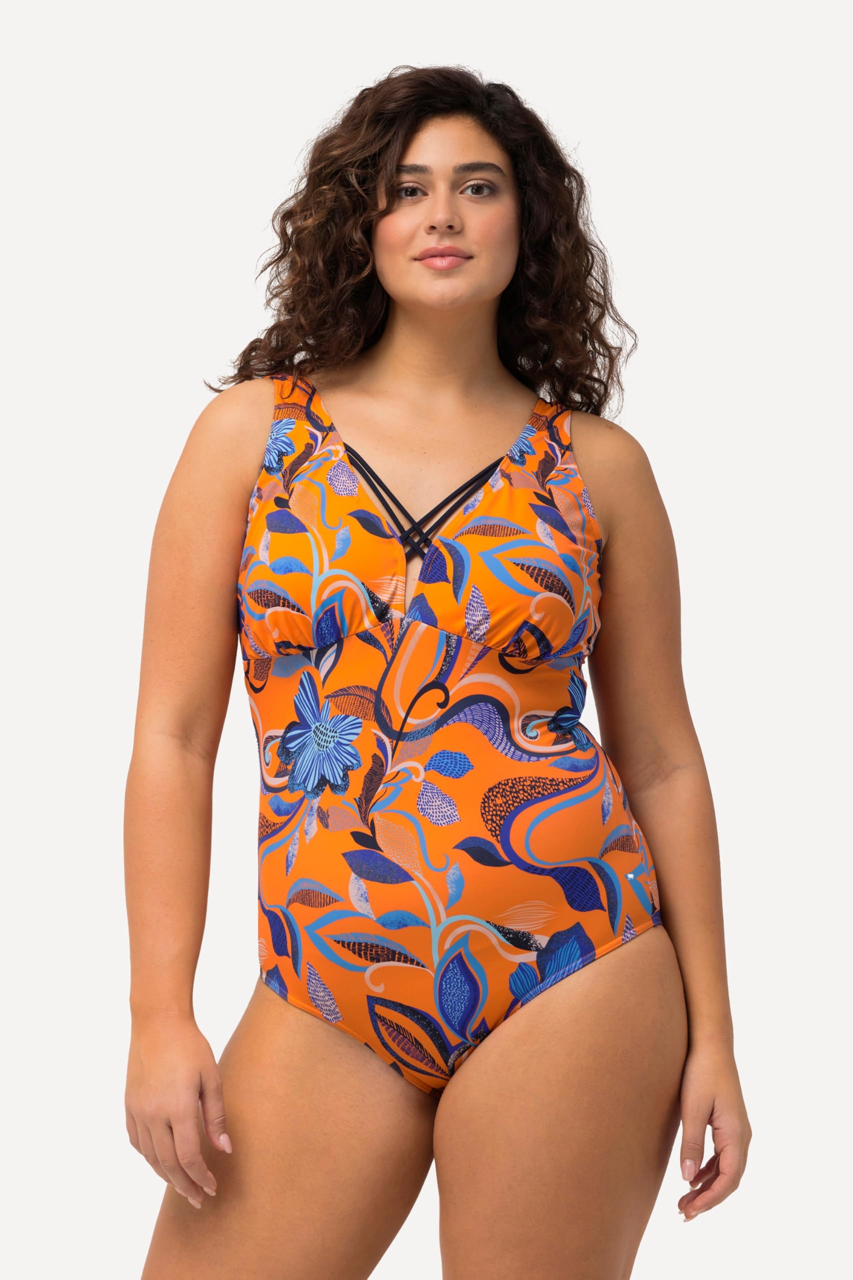 Ulla Popken Femme Grandes Tailles Maillot de Bain à Fleurs, Rubans Fantaisie et Bonnets Souples Orange Vif 62 827172658-60
