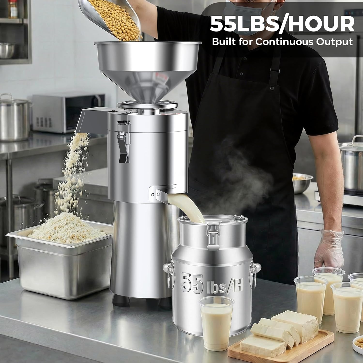 Commercial Soy Milk Maker,Heavy-Duty 1100W Commercial Motor 25KG/H Automatic Stainless Steel Soybean Milk Maker Machine 2800RPM with Slag Separation for Soymilk,Nut Milk,Tofu,Rice Milk for Restaurant